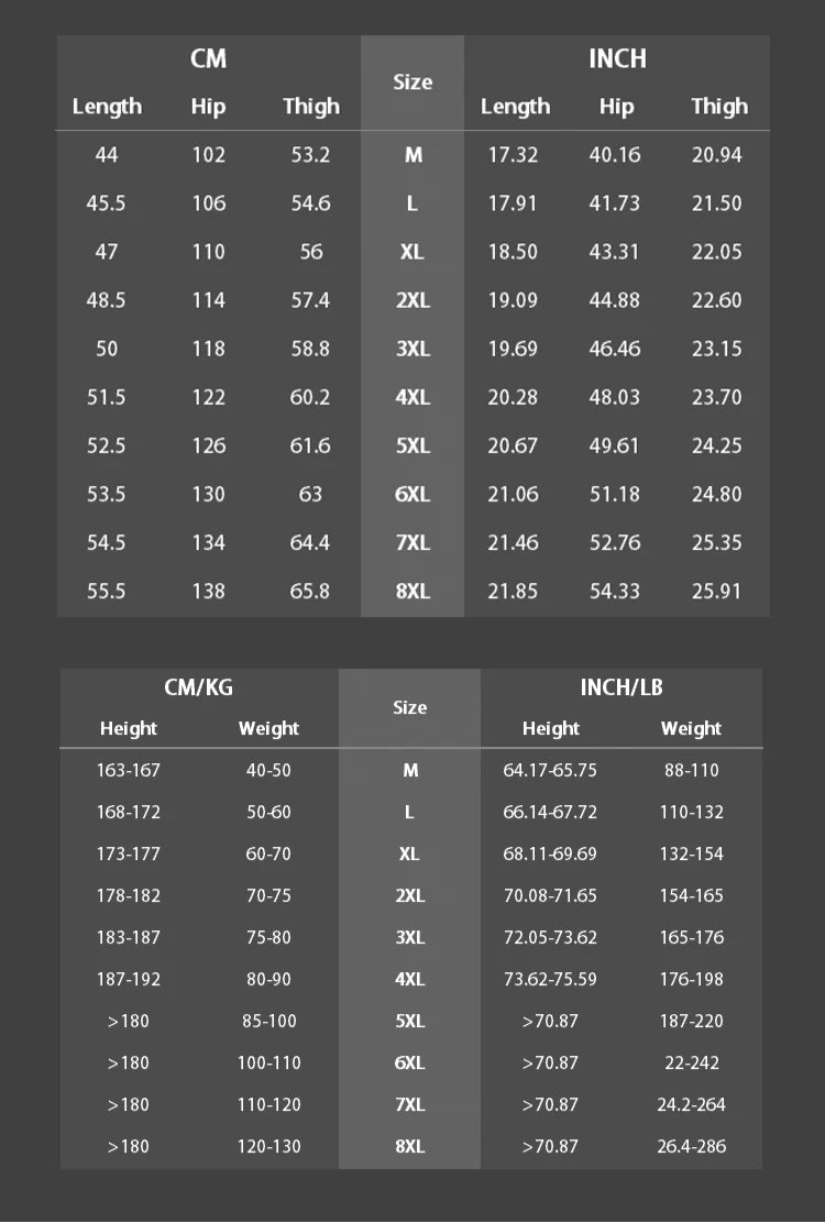 Size chart for clothing measurements in CM, INCH, Height, and Weight on a dark background.