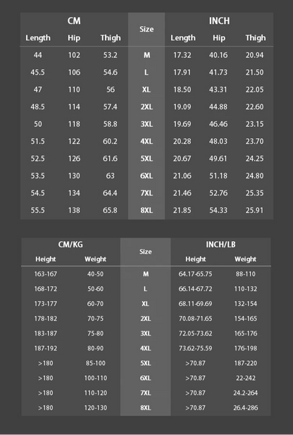 Size chart for clothing measurements in CM, INCH, Height, and Weight on a dark background.