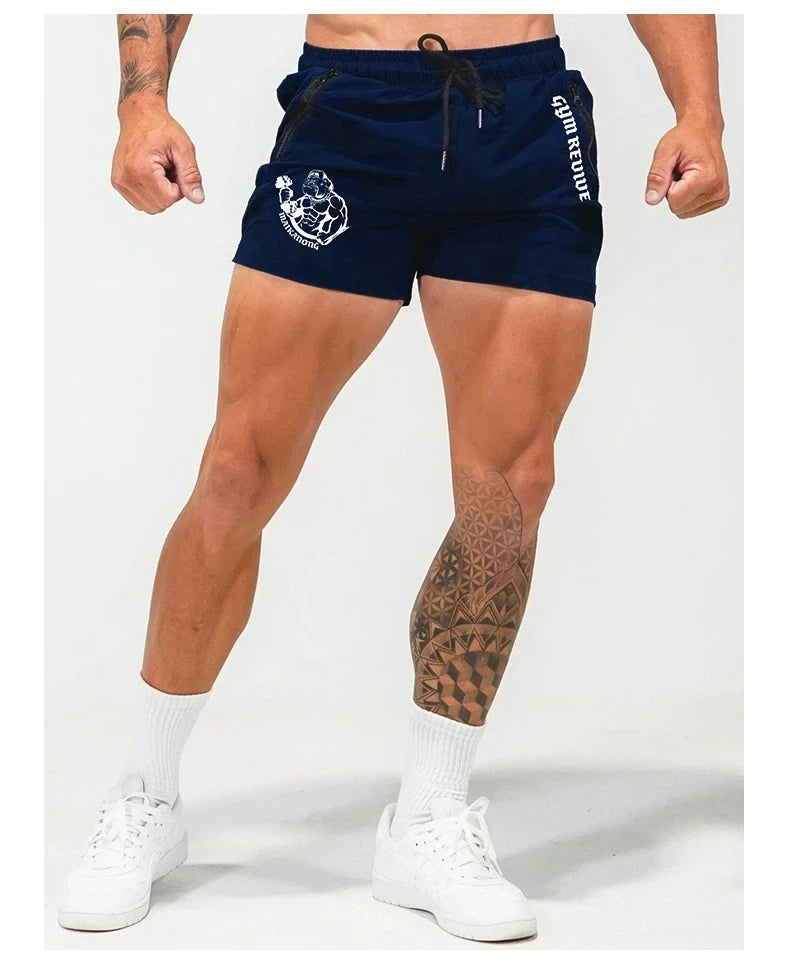 Person wearing navy shorts with a logo and text on a white background