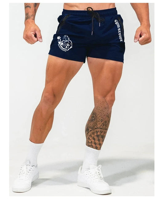 Person wearing navy shorts with a logo and text on a white background