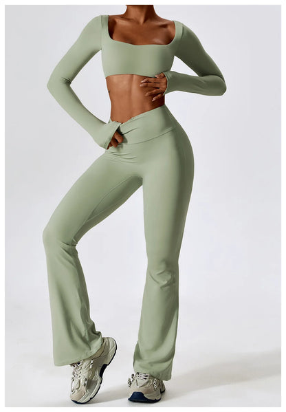 Person wearing a green athletic outfit on a white background