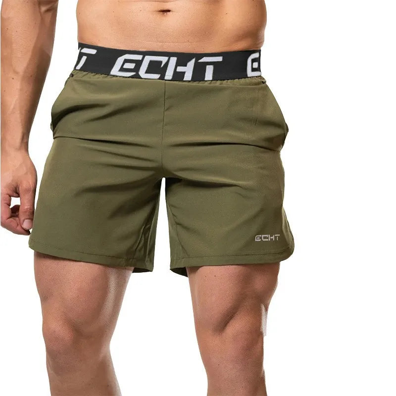 Green athletic shorts with a black waistband featuring 'Echt' branding on a white background.
