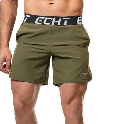 Green athletic shorts with a black waistband featuring 'Echt' branding on a white background.
